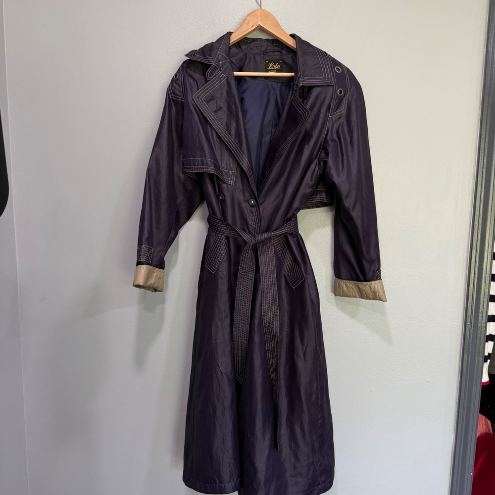 Luba‎ Paris Vintage Purple Trench Coat Contrast Stitch Grommet Belted Size 11/12